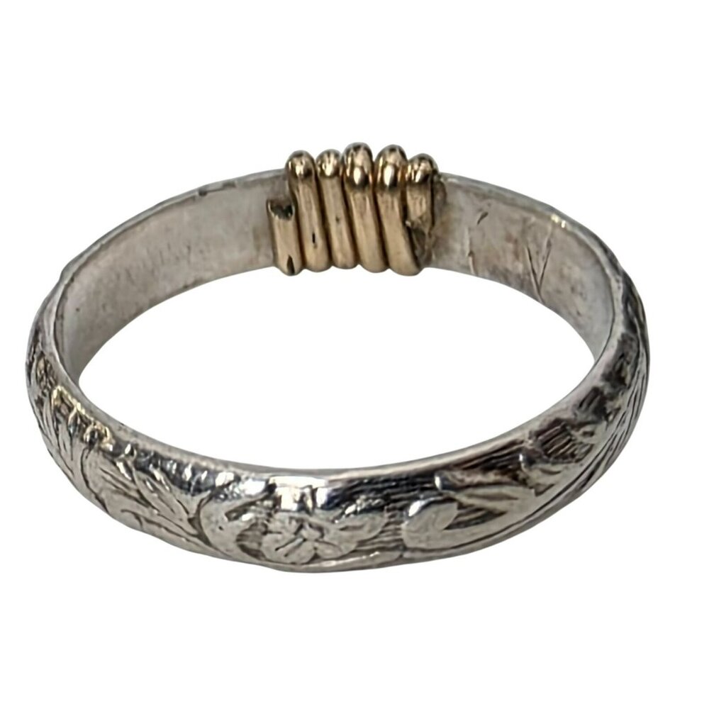 Vintage Sterling Silver Gold Wire Wrap Band Ring Floral Engraved Handcrafted 925 - Picture 3 of 7